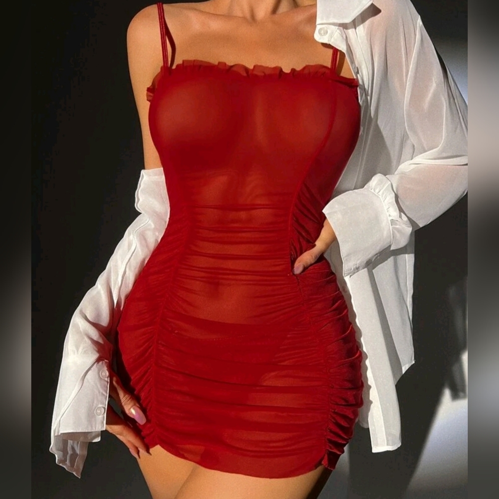 Sexy, Ruched Sheer Mesh Slips With Thong